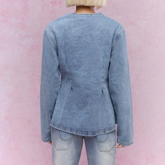 Blue Casual Women's Buttoned Round Collar Long Loose Sleeves Denim Jacket - Picture 2 of 4